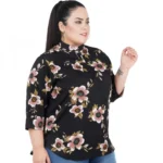 Women's Casual Three Fourth Sleeve Printed Black Top (Color:Black, Material:Poly Crepe)