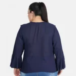 Women's Casual Bell Sleeve Solid Blue Top (Color:Blue, Material:Georgette)