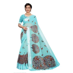 Women's Cotton Silk Saree With Blouse (Sky Blue, 5-6mtrs)