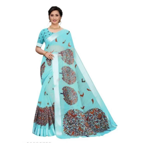 Women's Cotton Silk Saree With Blouse (Sky Blue, 5-6mtrs)