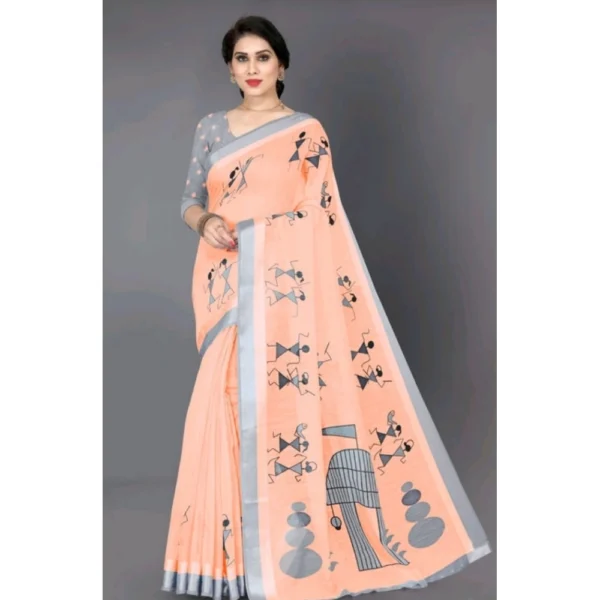 Women's Cotton Silk Saree With Blouse (Peach, 5-6mtrs)