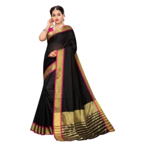 Women's Cotton Silk Saree With Blouse (Black, 5-6mtrs)