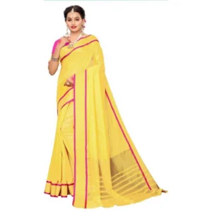 Women's Cotton Silk Saree With Blouse (Yellow, 5-6mtrs)