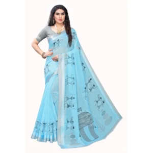 Women's Cotton Silk Saree With Blouse (Blue, 5-6mtrs)