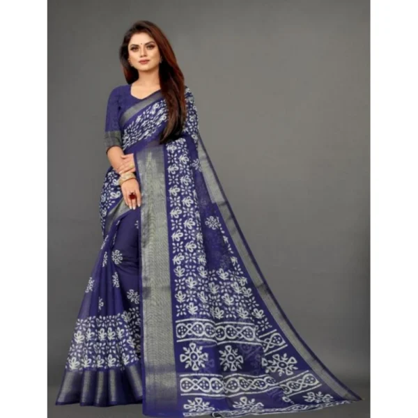 Women's Cotton Silk Saree With Blouse (Navy Blue, 5-6mtrs)