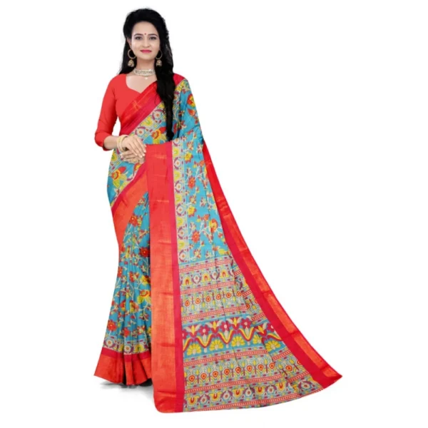 Women's Cotton Silk Saree With Blouse (Sky Blue, 5-6mtrs)