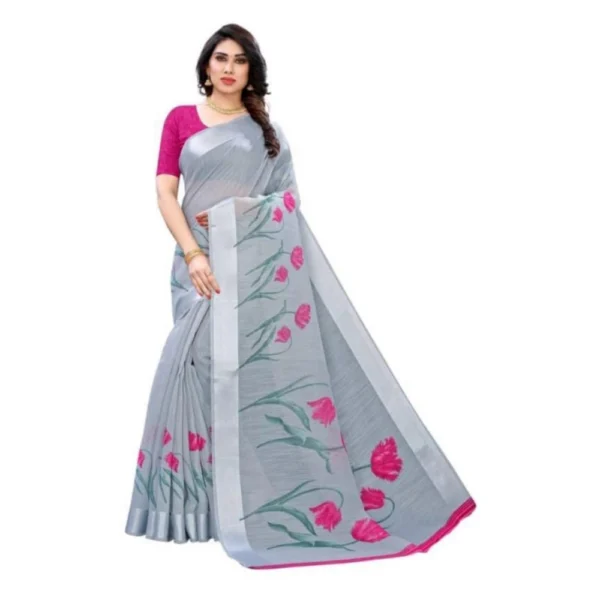 Women's Cotton Silk Saree With Blouse (Grey, 5-6mtrs)