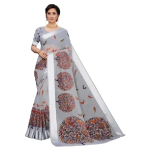 Women's Cotton Silk Saree With Blouse (Grey, 5-6mtrs)