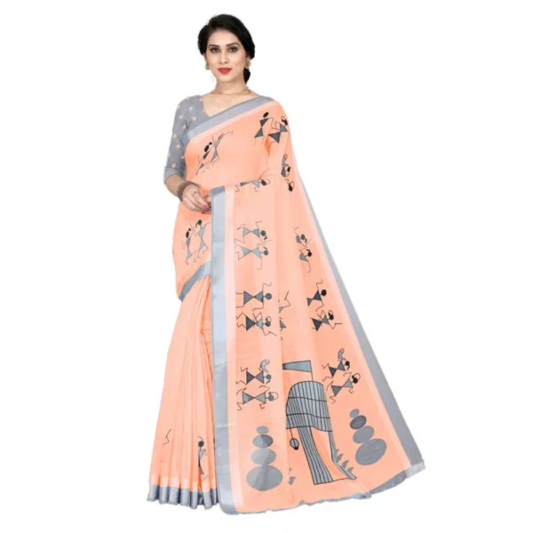 Women's Cotton Silk Saree With Blouse (Peach, 5-6mtrs)