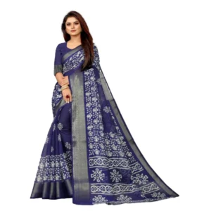 Women's Cotton Silk Saree With Blouse (Navy Blue, 5-6mtrs)