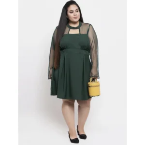 Women's Crepe Solid Knee Length Fit and Flare Dress (Green)
