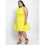 Women's Georgette Solid Knee Length Fit and Flare Dress (Yellow)
