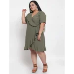 Women's Crepe Solid Knee Length Fit and Flare Dress (Olive Green)