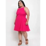 Women's Georgette Solid Knee Length Fit and Flare Dress (Pink)