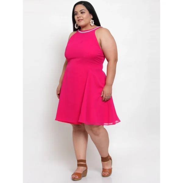 Women's Georgette Solid Knee Length Fit and Flare Dress (Pink)