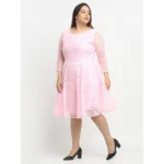 Women's Net Solid Knee Length Fit and Flare Dress (Pink)
