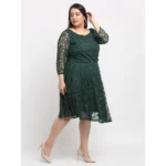 Women's Net Solid Knee Length Fit and Flare Dress (Botal Green)