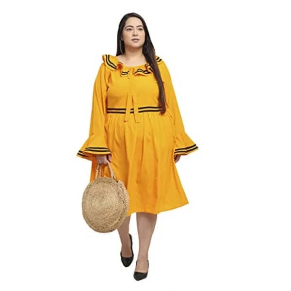 Women's Crepe Solid Knee Length Fit and Flare Dress (Yellow)