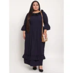 Women's Crepe Solid Full Length Fit and Flare Dress (Navy Blue)