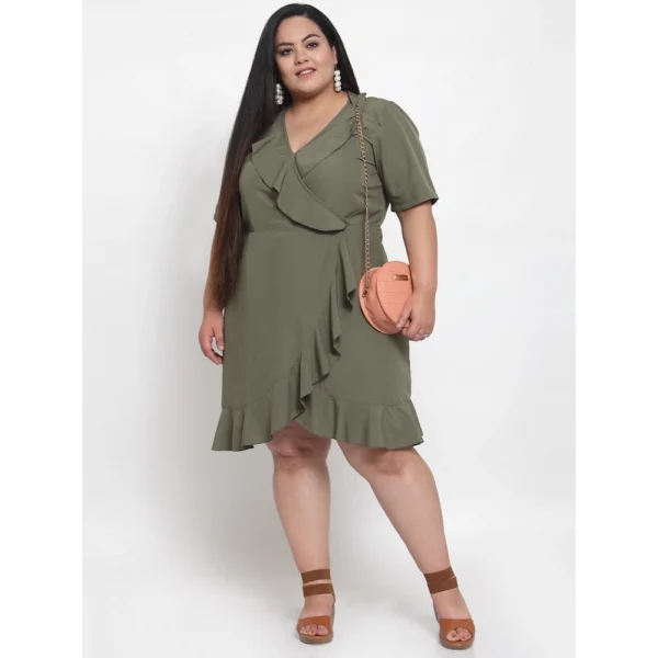 Women's Crepe Solid Knee Length Fit and Flare Dress (Olive Green)