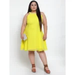 Women's Georgette Solid Knee Length Fit and Flare Dress (Yellow)