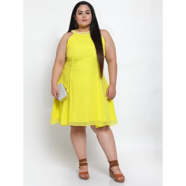 Women's Georgette Solid Knee Length Fit and Flare Dress (Yellow)