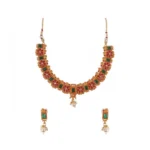 Women's Elegent Brass Chain Necklace Set (Red And Green, Free Size)