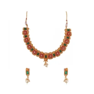 Women's Elegent Brass Chain Necklace Set (Red And Green, Free Size)