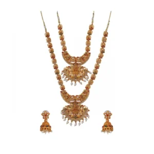 Women's Stunning Temple Jewellery Set (Red And Green, Free Size)