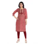 Women's 3/4th Sleeve Cotton Blend Tunic Long Kurti (Pink)