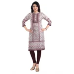Women's 3/4th Sleeve Cotton Blend Tunic Long Kurti (Beige)