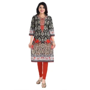 Women's 3/4th Sleeve Cotton Blend Tunic Long Kurti (Black)