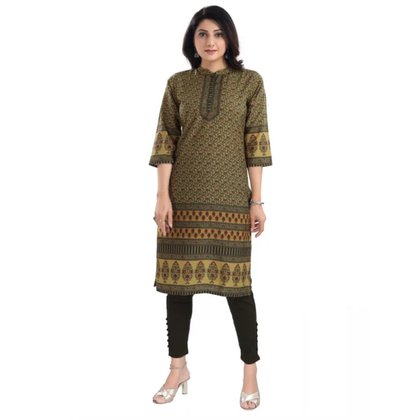 Women's 3/4th Sleeve Cotton Blend Tunic Long Kurti (Yellow)