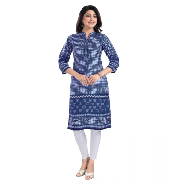 Women's 3/4th Sleeve Cotton Blend Tunic Long Kurti (Blue)