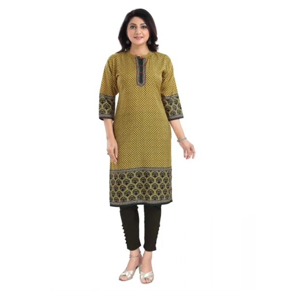 Women's 3/4th Sleeve Cotton Blend Tunic Long Kurti (Yellow)