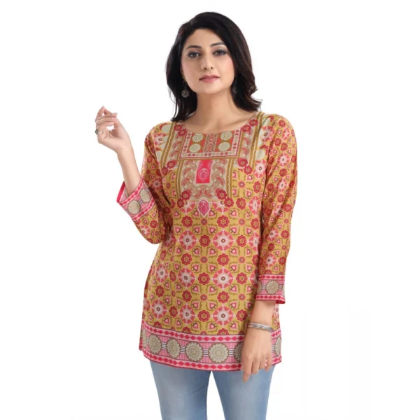 Women's 3/4th Sleeve Faux Crepe Tunic Short Top (Multicolor)