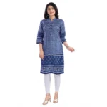 Women's 3/4th Sleeve Cotton Blend Tunic Long Kurti (Blue)