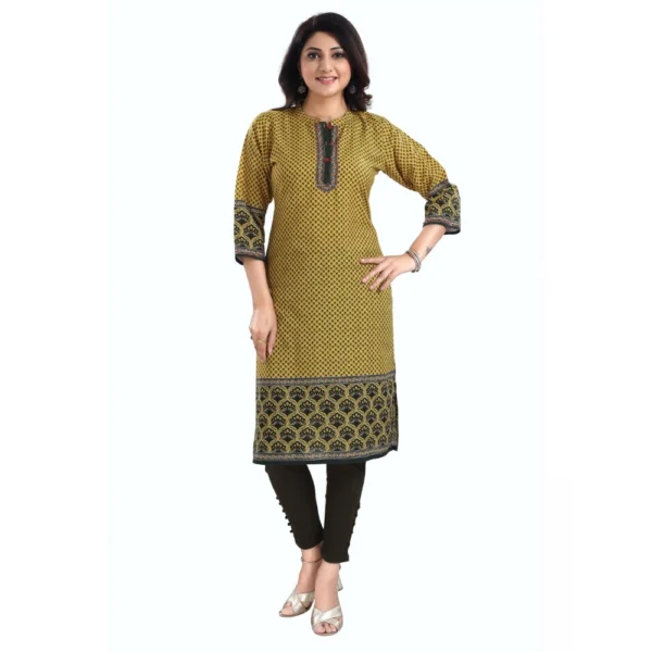 Women's 3/4th Sleeve Cotton Blend Tunic Long Kurti (Yellow)