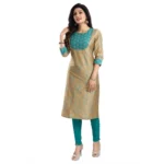 Women's 3/4th Sleeve Silk Blend Tunic Long Kurti (Beige)