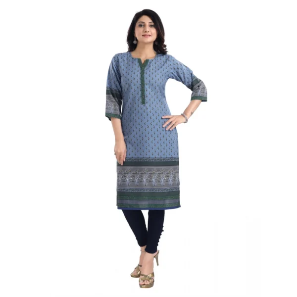 Women's 3/4th Sleeve Cotton Blend Tunic Long Kurti (Blue)