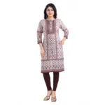 Women's 3/4th Sleeve Cotton Blend Tunic Long Kurti (Beige)