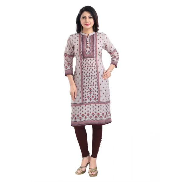 Women's 3/4th Sleeve Cotton Blend Tunic Long Kurti (Beige)