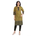 Women's 3/4th Sleeve Cotton Blend Tunic Long Kurti (Yellow)
