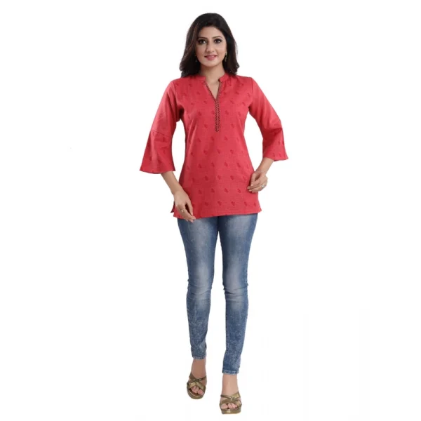 Women's 3/4th Sleeve Polyester Blend Tunic Short Top (Red)