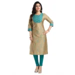 Women's 3/4th Sleeve Silk Blend Tunic Long Kurti (Beige)
