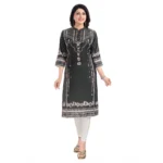 Women's 3/4th Sleeve Masleen Tunic Long Kurti (Olive Green)