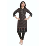 Women's 3/4th Sleeve Cotton Blend Tunic Long Kurti (Black)