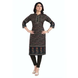 Women's 3/4th Sleeve Cotton Blend Tunic Long Kurti (Black)