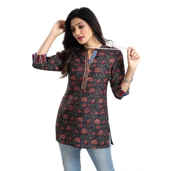 Women's 3/4th Sleeve Viscose Blend Tunic Short Top (Black)