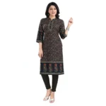 Women's 3/4th Sleeve Cotton Blend Tunic Long Kurti (Black)